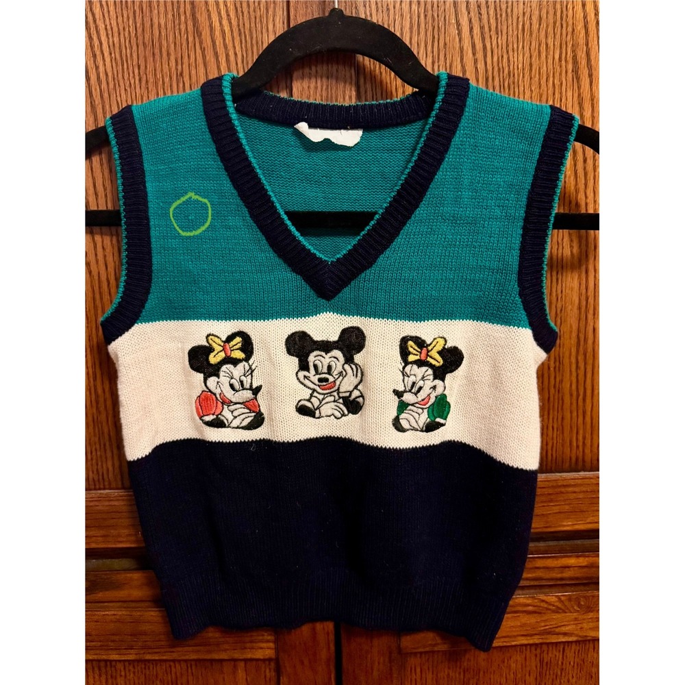 Vintage 80s Disney Sweater Vest Kids Youth Teal Navy Mickey Minnie Mouse